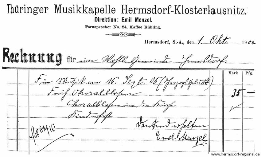 Dieser Rechnung nach hatte auch die „Thüringer Musikkapelle Hermsdorf - Klosterlausnitz“ 